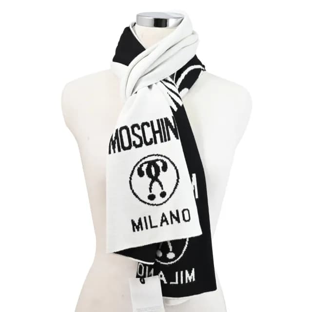【MOSCHINO】經典英文LOGO雙面雙色混羊毛保暖披肩長圍巾(黑/白)