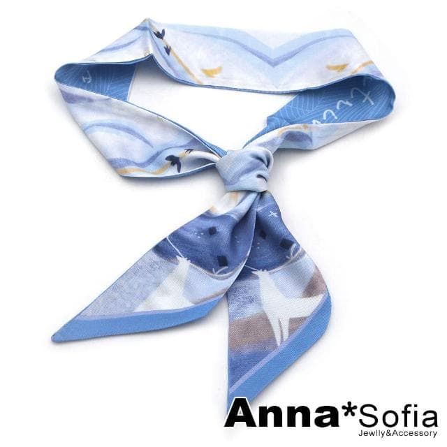 【AnnaSofia】仿絲領巾絲巾圍巾-星河鹿影 窄版緞面 現貨(藍系)