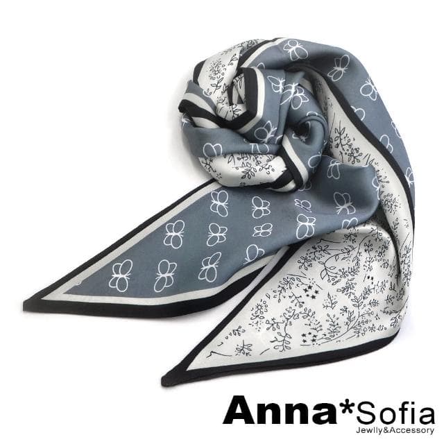 【AnnaSofia】仿絲領巾絲巾圍巾-線蝶葉花斜角 現貨(灰藍系)