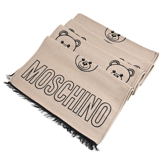【MOSCHINO】經典滿版泰迪熊圖案雙面混羊毛保暖披肩長圍巾(黑/褐)