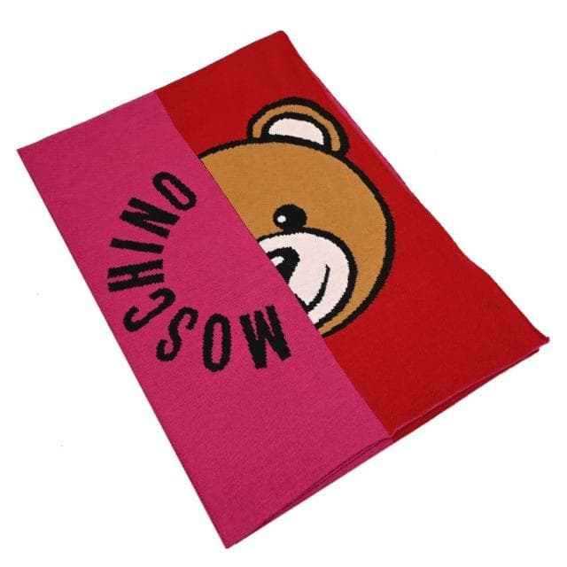 【MOSCHINO】經典品牌LOGO泰迪熊雙色混羊毛窄版針織披肩長圍巾(桃/紅)