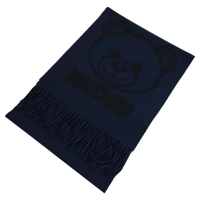 【MOSCHINO】經典品牌LOGO泰迪熊純羊毛流蘇保暖披肩長圍巾(深藍)