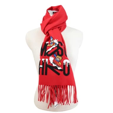 【MOSCHINO】品牌LOGO滑雪小熊純羊毛流蘇保暖披肩長圍巾(紅)
