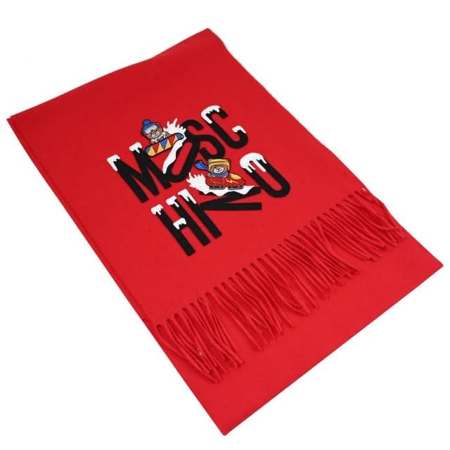 【MOSCHINO】品牌LOGO滑雪小熊純羊毛流蘇保暖披肩長圍巾(紅)
