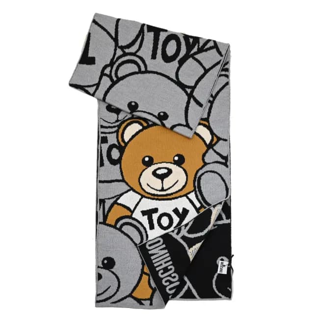 【MOSCHINO】品牌滿版LOGO泰迪熊純羊毛撞色保暖披肩長圍巾(灰)