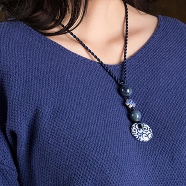 【Penny珮妮】青花瓷吊墜長款項鍊毛衣鍊(母親節 送女友 交換禮物  生日禮 情人節 尾牙 新年 結婚)