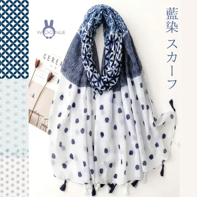 【WOONUE】日本藍染和風棉麻披肩圍巾絲巾防曬披肩冷氣披巾(生日禮物母親節媽女友老婆禮物情人節)