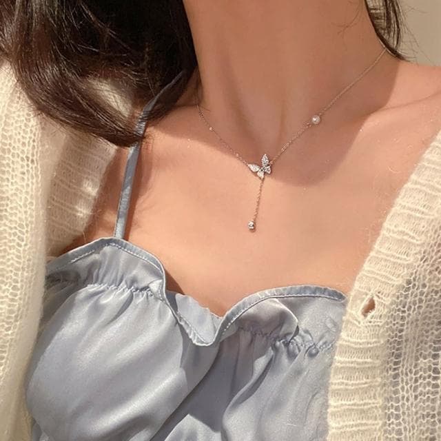 【KT DADA】項鍊 飾品 配件 純銀項鍊 銀項鍊 蝴蝶項鍊 閨蜜項鍊 鑽石項鍊 女朋友生日禮物 銀鏈 銀飾 項鏈