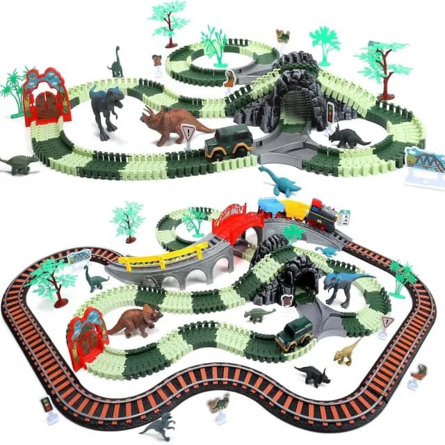 【CuteStone】兒童擬真恐龍公園軌道吉普車與鐵道聲光火車套裝玩具35件組(火車軌道組 生日禮物)