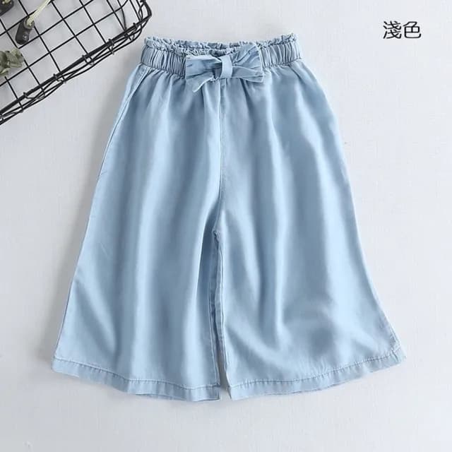 【橘魔法】蝴蝶結牛仔鬆緊七分褲(寬褲 褲裙 闊腿褲 牛仔褲 防蚊褲 薄長褲 兒童 女童 童裝)