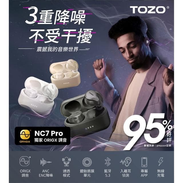 【TOZO】NC7 Pro ANC主動式降噪AI輔助真無線藍芽耳機(美國聲學品牌/chatGPT/智慧錄音/離耳偵測/原廠公司貨)