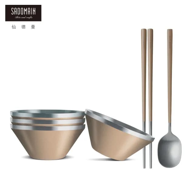 【仙德曼 SADOMAIN】（4入組）304不鋼雙層隔熱14cm+環保餐具組(附網袋/戶外露營/不銹鋼/雙層碗/湯匙/ 筷子)