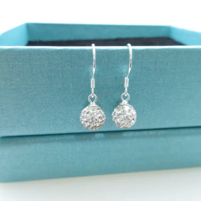 【海洋盒子】母親節禮物 8mm。精緻閃耀鑲鑽球球925純銀針勾式耳環(垂墜耳環.外鍍專櫃級正白K)