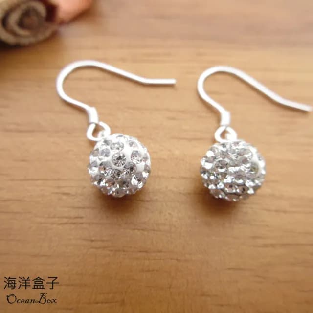 【海洋盒子】母親節禮物 8mm。精緻閃耀鑲鑽球球925純銀針勾式耳環(垂墜耳環.外鍍專櫃級正白K)