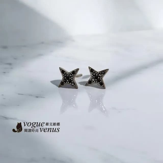 【維克維娜】黑鋯石四芒星925純銀耳環