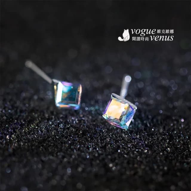 【維克維娜】七彩方塊水晶925純銀耳環