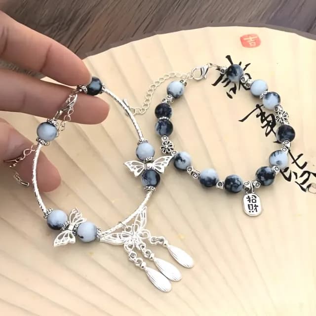 【古風少女】青花瓷配色古風蝴蝶流蘇手鍊-2入(閨密 轉運手鍊 中式 女生飾品 開運手環 生日禮物)