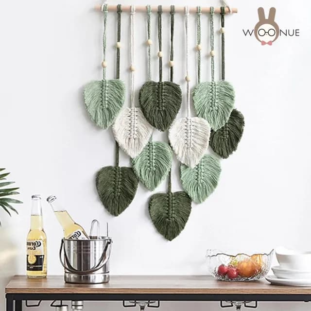 【WOONUE HOME】macrame手工壁幔壁掛毯裝飾慢編織壁掛掛飾壁毯樹葉子綠白(喬遷禮物朋友禮物搬家禮物)