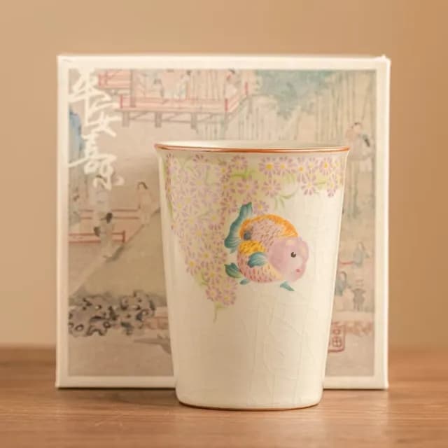 【金魚喝】高檔陶瓷金魚汝窯茶杯(功夫茶杯 茶具 沖茶 茶器 公道杯 牛奶杯 咖啡杯 冷飲杯 早餐杯 禮物)