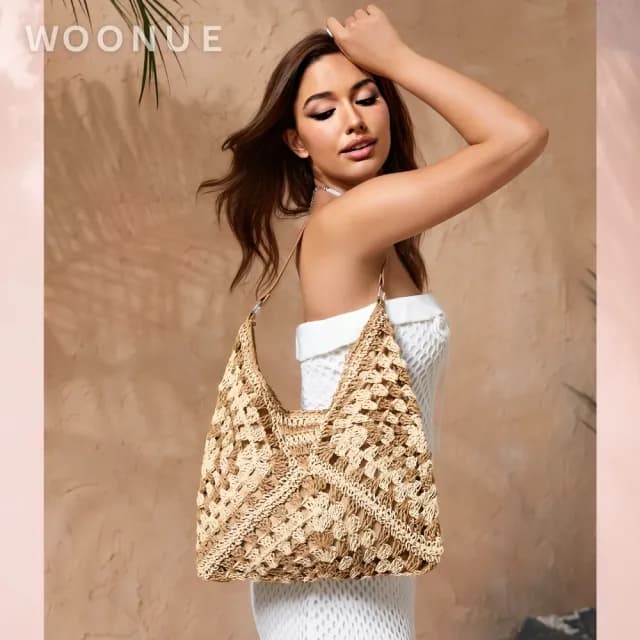 【WOONUE】歐美專櫃夏天時尚高質感麻繩編織包手提包側背包(閨蜜女友老婆生日情人節禮物)