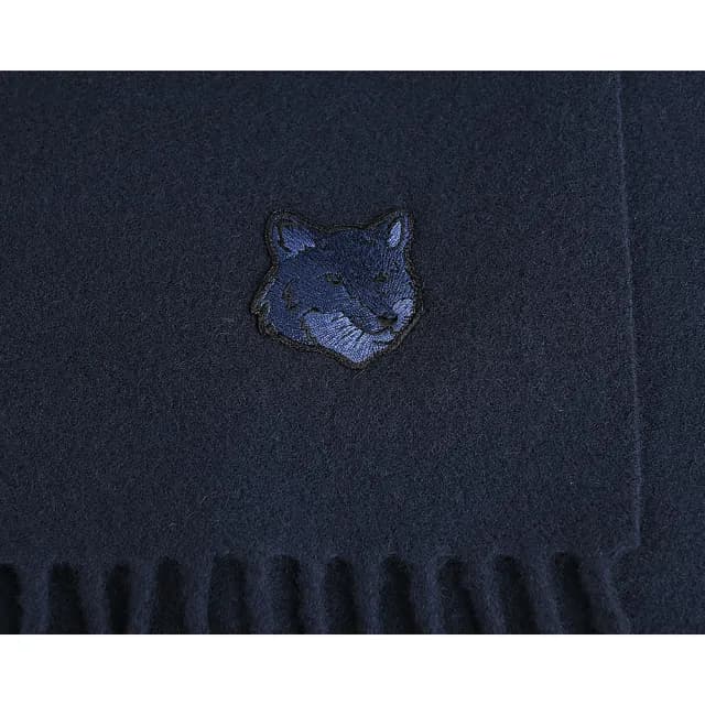 【Maison Kitsune】Maison Kitsune大狐狸頭布章LOGO純羊毛流蘇圍巾(墨藍)