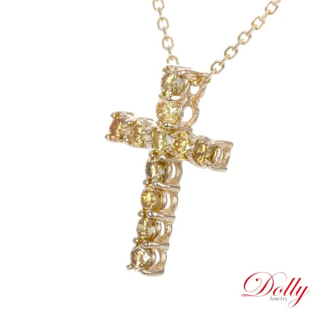 【DOLLY】0.70克拉 天然鑽石黃彩鑽18K金十字架項鍊-003(母親節 長輩送禮 交換禮物首選)