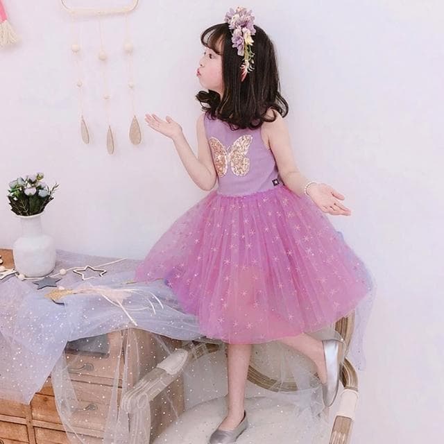 【橘魔法】無袖星星亮片小花蝴蝶挺紗裙洋裝(連身裙 澎澎裙 連身洋裝 連衣裙 紗裙 女童 兒童 童裝)