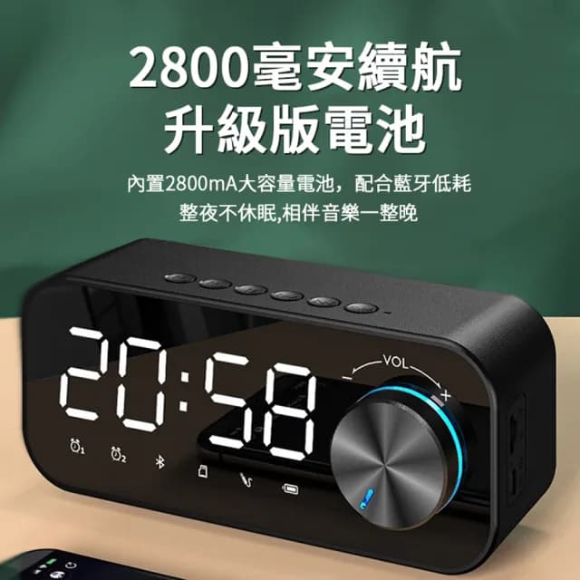 【ANTIAN】鏡面迷你藍牙喇叭 鬧鐘/時鐘 多功能音響 USB充電式高音質小音箱(LED小夜燈 低音炮)