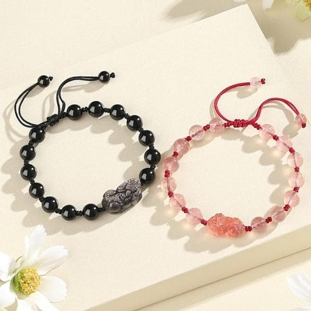 【MoonDy】水晶手鍊 草莓晶 黑曜石 銀耀石 手工編織 手環 招財納福 招桃花 串珠 貔貅 情侶手鍊 情人節禮物