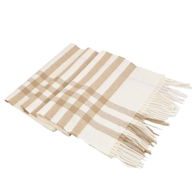 【BURBERRY 巴寶莉】英系經典格紋100%喀什米爾羊毛披肩長圍巾(米白棕)