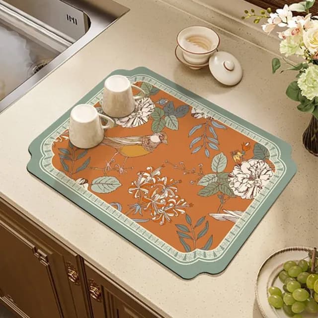 【WO HOME】高顏值復古花鳥吸水墊 廚房防滑吸水墊 茶具餐具止滑瀝水墊(40 x 60 cm)