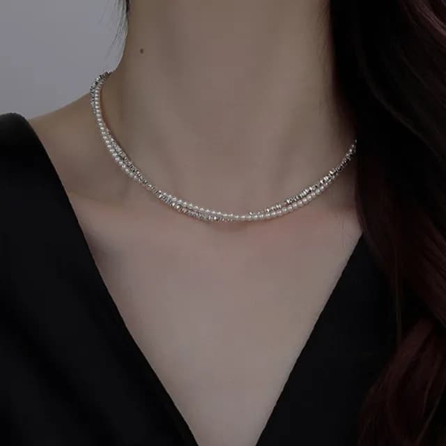【Penny珮妮】雙層疊戴碎銀珍珠項鍊毛衣鍊(母親節 送女友 交換禮物 生日禮 情人節 尾牙 新年 結婚)