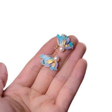 【Penny珮妮】手工越南沙金銀鎏金花絲琺瑯蝴蝶耳釘(母親節 送女友 交換禮物 生日禮 情人節 尾牙 新年 結婚)