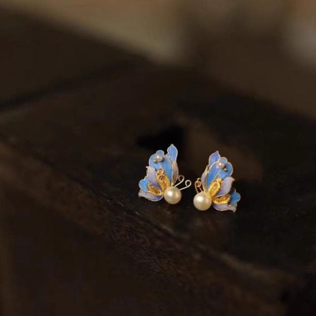 【Penny珮妮】手工越南沙金銀鎏金花絲琺瑯蝴蝶耳釘(母親節 送女友 交換禮物 生日禮 情人節 尾牙 新年 結婚)