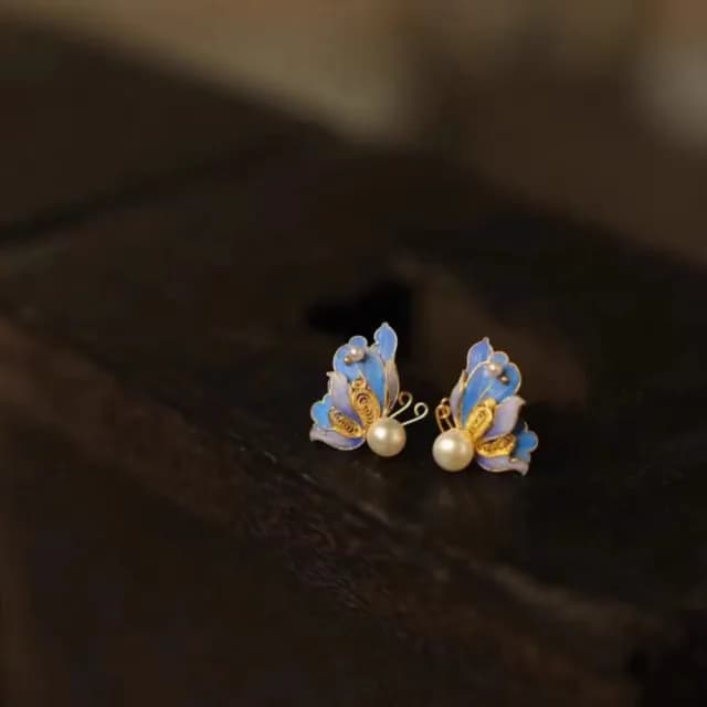 【Penny珮妮】手工越南沙金銀鎏金花絲琺瑯蝴蝶耳釘(母親節 送女友 交換禮物 生日禮 情人節 尾牙 新年 結婚)