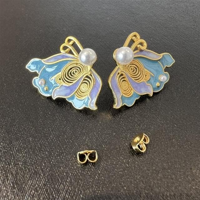 【Penny珮妮】手工越南沙金銀鎏金花絲琺瑯蝴蝶耳釘(母親節 送女友 交換禮物 生日禮 情人節 尾牙 新年 結婚)