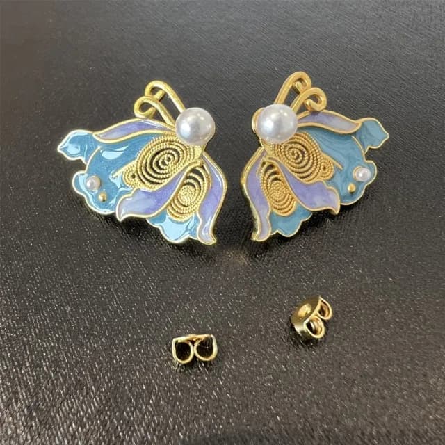 【Penny珮妮】手工越南沙金銀鎏金花絲琺瑯蝴蝶耳釘(母親節 送女友 交換禮物 生日禮 情人節 尾牙 新年 結婚)