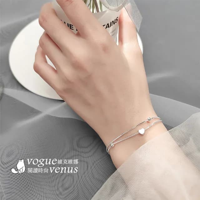 【維克維娜】愛心圓珠雙層手鍊925純銀手鍊