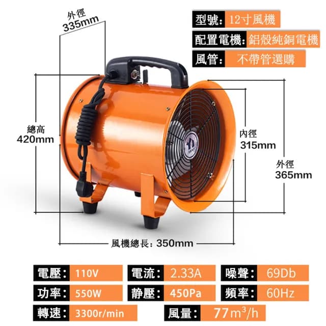 【永基】12寸戶外工業風扇 鼓風機 排風扇(12寸10米延長帆布通風伸縮管套裝組)