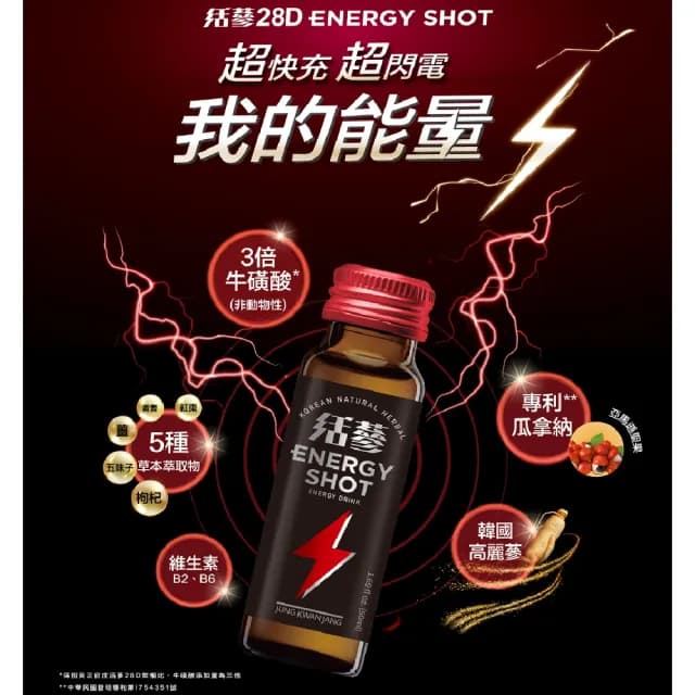 【正官庄】活蔘28D ENERGY SHOT 5盒組-50mlx10瓶(3倍牛磺酸/專利瓜拿納發酵液)