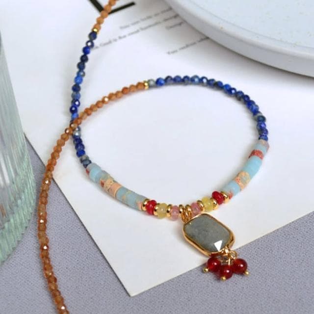【MoonDy】項鍊 女生項鍊 古風 飾品 青金石 串珠項鍊 吊墜 吊飾 拼色 拉長石 復古飾品 項鍊情侶 禮物 326