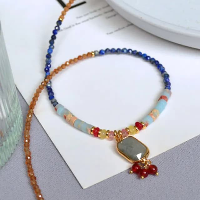【MoonDy】項鍊 女生項鍊 古風 飾品 青金石 串珠項鍊 吊墜 吊飾 拼色 拉長石 復古飾品 項鍊情侶