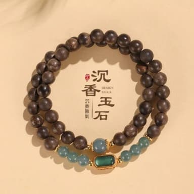 【Paiya 派亞】7mm雙圈沈香木串珠手鏈女中國風文藝複古925銀鍍金藍水翡翠手串首飾(送禮好物/交換禮物)