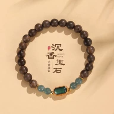 【Paiya 派亞】7mm沈香木串珠手鏈女中國風文藝複古925銀鍍金藍水翡翠手串首飾(送禮好物/交換禮物)