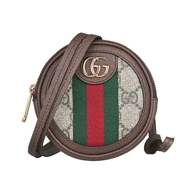 【GUCCI 古馳】GUCCI OPHIDIA經典金字LOGO綠紅線條設計Supreme帆布邊飾皮革拉鍊頸掛零錢包(迷你/米x深棕)