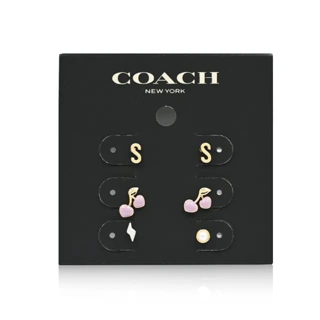 【COACH】迷你字母LOGO/愛心/櫻桃造型耳針式耳環 三對入組(兩款可選)