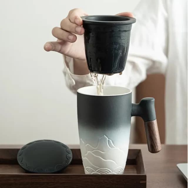 【精美奢選】日式陶瓷木柄帶蓋馬克杯禮盒裝(350ml 泡茶杯 飲料 咖啡杯 水杯 環保 功夫茶杯 濾茶器 茶具)