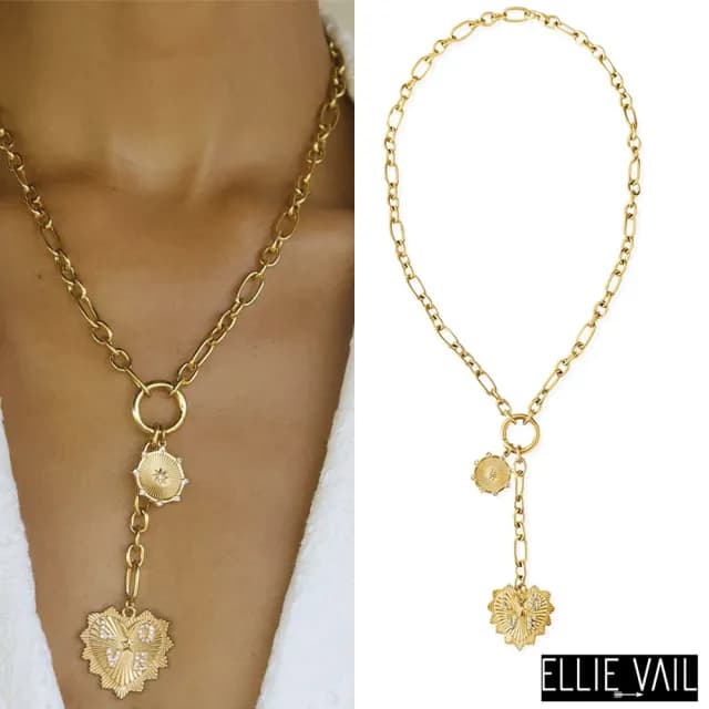 【ELLIE VAIL】邁阿密防水珠寶 鑲鑽愛心X光芒太陽雙墜項鍊 金色Y字鍊 Nikita Toggle(防水珠寶)
