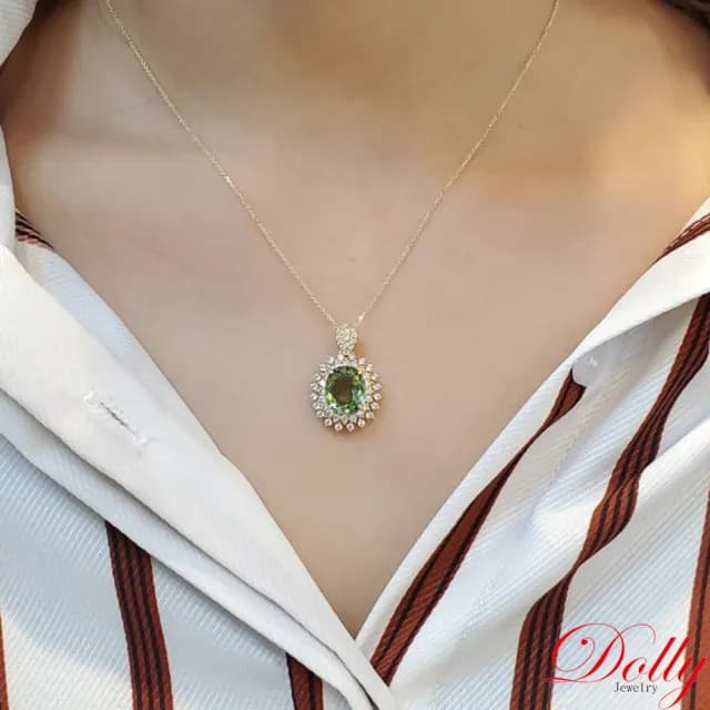 【DOLLY】3克拉 天然綠碧璽晶鑽項鍊(母親節 長輩送禮 交換禮物首選)