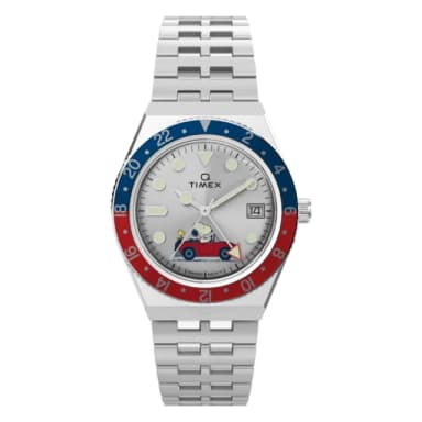 【TIMEX】天美時 x Peanuts 38毫米 史努比 GMT 兩地時區 不鏽鋼錶鍊腕錶 銀 TXTW2W83300